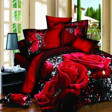 Dark Red Black and White Victorian Rose Pattern 3D Design Vintage Romantic Sexy Girls 100% Cotton Damask Twin, Full Size Bedding Sets