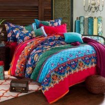 Red Aqua and Navy Blue Folklore Pattern Multi-color BOHO Style Exotic Tribal Print 100% Brushed Cotton Full, Queen Size Bedding Sets