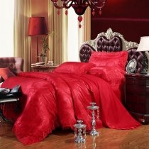 Chinese Red Yorkshire Rose Pattern Noble Excellence Luxury Lace Edge Sequin Jacquard Design Full, Queen Size Bedding Sets