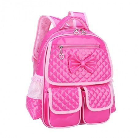 Solid Rose Red Patent Leather with Pink Trim Girls Pupil Diamond School Backpack Stylish Sewing Pattern Cute Bow Preppy Book Bag