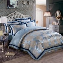Columbia Blue and Grey Shabby Chic Retro Style Indian Pattern Western Style Jacquard Design Satin Fabric Full, Queen Size Bedding Sets