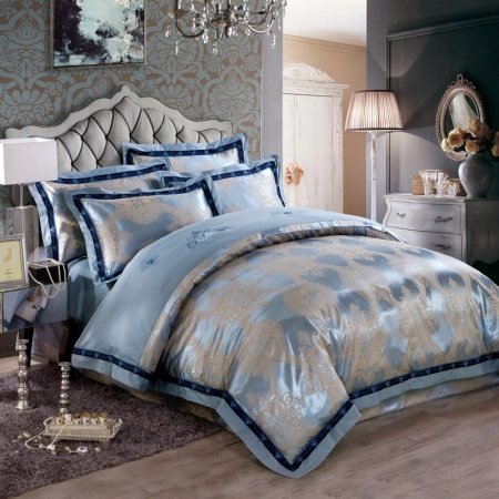 Columbia Blue and Grey Shabby Chic Retro Style Indian Pattern Western Style Jacquard Design Satin Fabric Full, Queen Size Bedding Sets