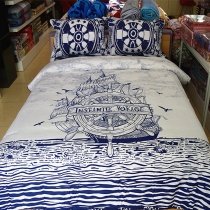 Boys Navy Blue and White Nautical Themed Sailboat Print Reversible 100% Organic Cotton Twin, Full, Queen Size Bedding Sets