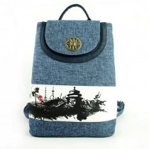 Durable Slate Blue Jute with Leather School Campus Book Bag Vintage City Scene Sequin Sewing Pattern Flap Travel Sling Backpack