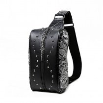 Personalized Black Leather Engraved Dragon Men Crossbody Shoulder Chest Bag Vintage Rivet Studded Rock and Roll Travel Sling Backpack