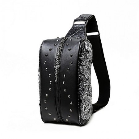 Personalized Black Leather Engraved Dragon Men Crossbody Shoulder Chest Bag Vintage Rivet Studded Rock and Roll Travel Sling Backpack
