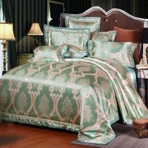 Luxury Bright Teal and Rose Gold Medieval Pattern Sparkly Old World Boutique Jacquard Satin Fabric Full, Queen Size Bedding Sets