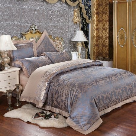 Dusty Blue and Khaki Vintage Tribal Pattern Abstract Design Retro Style Old World Upscale Jacquard Fabric Full, Queen Size Bedding Sets