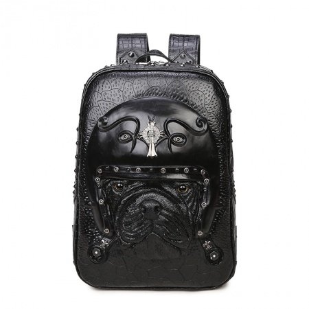 Personalized Black Patent Leather Men Travel Laptop Backpack Punk Style Embossed Dog and Cross Rivet Studded School Campus Book Bag