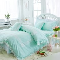 Hipster Mint Green and White Victorian Lace Gathered Ruffle Sophisticated Elegant Girls Cotton Twin, Full, Queen Size Bedding Sets