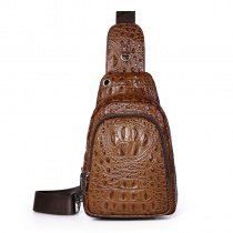 Coffee Brown Distressed Waxed Genuine Cowhide Leather Crossbody Shoulder Chest Bag Vintage Embossed Crocodile Men Small Sling Backpack