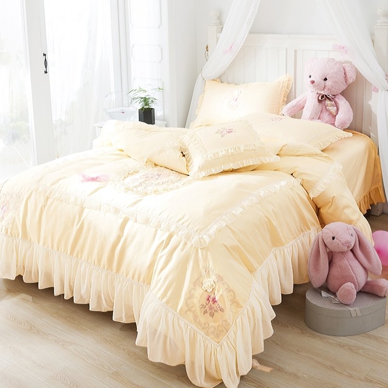 Elegant Bright Yellow Applique Floral Ruffle Simply Shabby Chic