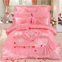 Sequin Pink Rose Embroidered Girls Princess Shabby Chic Lace Ruffle Wedding Themed Jacquard Satin Full, Queen Size Bedding Sets