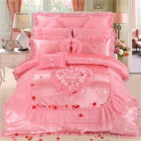 Sequin Pink Rose Embroidered Girls Princess Shabby Chic Lace Ruffle Wedding Themed Jacquard Satin Full, Queen Size Bedding Sets