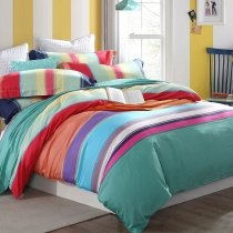 Pastel Teal Green Aqua Red Purple and Coral Orange Rainbow Stripe Print Bright Colorful Full, Queen Size Bedding Sets
