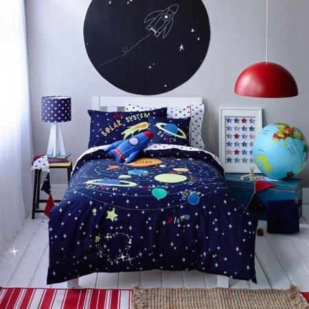 Kids Deep Blue Orange and White Galaxy Scene Adventure Themed Unique Twin, Full Size Bedding Sets