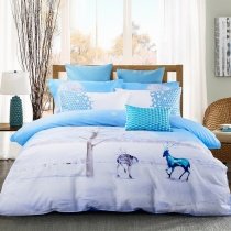 Ice Blue and White Animal Themed Deer Print Snowflake Country Chic Twin, Full, Queen Size Bedding Sets for Tweens, Kids