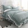 Solid Pea Green with White Ruffled Sophisticated Elegant Simply Shabby Chic Full, Queen Size Bedding Sets