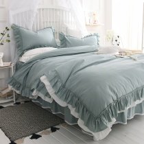 Solid Pea Green with White Ruffled Sophisticated Elegant Simply Shabby Chic Full, Queen Size Bedding Sets