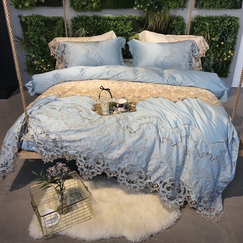 Bohemian Gold and Light Blue Indian Tribal Vintage Victorian Lace Sophisticated Elegant Romantic