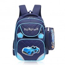 Cool Dark Blue and Aqua Polyester Boys Pupil Preppy School Book Bag Quilted Vintage Car Print Kids Campus Backpack