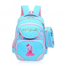 Aqua Blue Polyester with Pink Trim Girls Pupil School Book Bag Preppy Style Quilted Heart Pattern Campus Flap Backpack