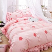 Blush Pink and Red Christmas Tree Print Ruched Attached Dust Ruffle Shabby Chic Elegant Girls Twin, Full, Queen Size Bedding Sets