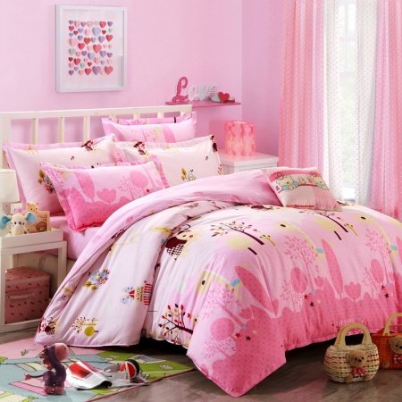 Pastel Pink Tree and Giraffe Print Girls Twin, Full Size Bedding Sets