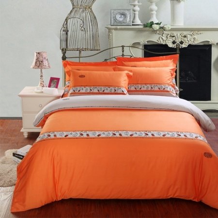 Solid Orange Striped Print Luxury Soft Full, Queen Size Bedding Sets