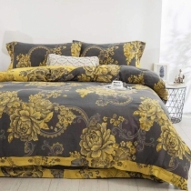 Black and Yellow Vintage Peony Flower Full, Queen Size Bedding Sets