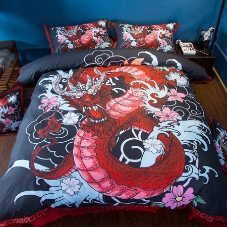 Red and Black Dragon Gaming Anime Style Twin, Full, Queen Size Bedding Sets