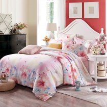 Peach Pink and Blue Bright Butterfly and Flower Print Garden Images Oriental Asian Inspired Nature 100% Tencel Full, Queen Size Bedding Sets