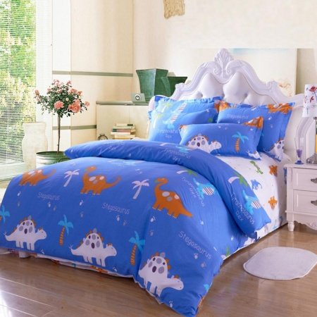 Royal Blue Orange and White Safari Animal Themed Kids Dinosaur Print with Palm Tree Full Size Bedding Sets