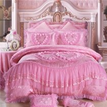 Girls Candy Pink Princess Style Heart and Rose Pattern Victorian Lace Embroidered Design Pastel Style Full, Queen Size Bedding Sets