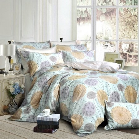 Grey Cream and Honeydew Green Dandelion Flower Print Vintage Rustic Style Luxury 100% Egyptian Cotton Percale Full, Queen Size Bedding Sets