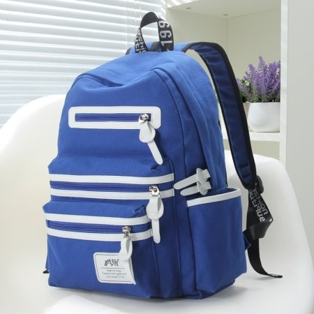 Water-proof Sapphire Blue Canvas with White Leather Trim Cute School Backpack Vogue Elegant Color Blocking Women Travel Bag