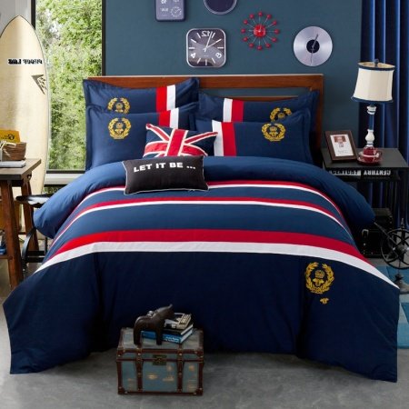 Navy Blue Red and White Nautical Stripe and Medallion Print Traditional Masculine Style 100% Cotton Twin, Full, Queen Size Bedding Sets