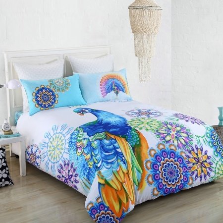 Peacock Blue Orange Purple and White Peacock Design Eclectic Style Exotic Bohemian Style 100% Cotton Full, Queen Size Bedding Sets