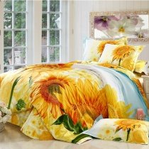 Orange Yellow and Green Bright Colorful Sunflower Print Country Chic Garden Images Natural 100% Organic Cotton Bedding Sets