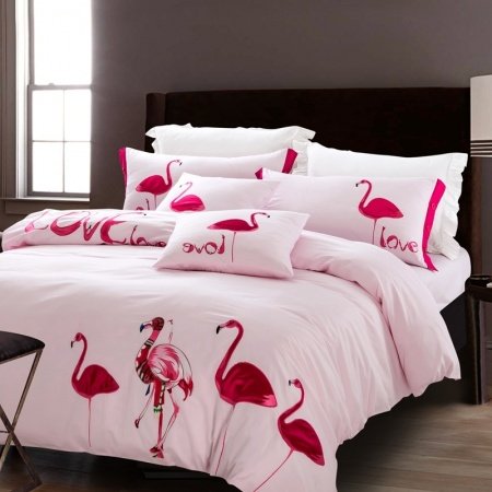 Girls Raspberry Red and White Flamingo Pattern Stylish Embroidered Design Reversible 100% Cotton Damask Full, Queen Size Bedding Sets