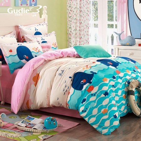 Navy Blue Aqua Blue and Pink Ocean Scene Whale and Fish Print Funky Kids 100% Cotton Twin, Full Size Bedding Sets