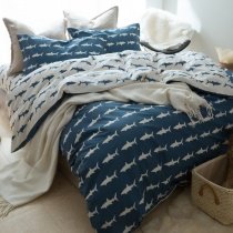 Boys Blue and White Ocean Animal Shark Print Marine Life Personalized 100% Cotton Twin, Full, Queen Size Bedding Sets