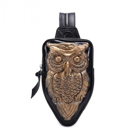 Black Leather Embossed Metallic Gold Owl Girls Travel Sling Backpack Vintage Punk Style Rhinestone Small Crossbody Shoulder Chest Bag