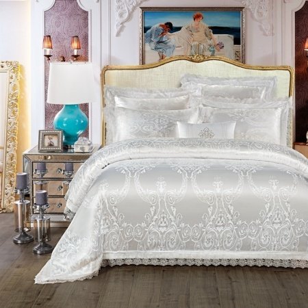 Sparkly Silver White Scroll Pattern Victorian Lace Design Wedding Themed Luxury Jacquard Satin Full, Queen Size Bedding Sets