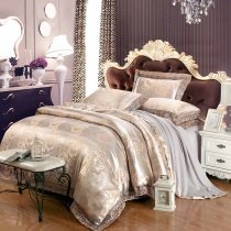 Silver and Pale Yellow Vintage Floral Pattern Sequin Shabby Chic Jacquard Satin Full, Queen Size Bedding Sets