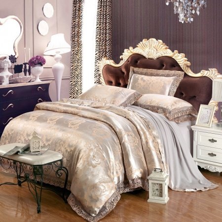 Silver and Pale Yellow Vintage Floral Pattern Sequin Shabby Chic Jacquard Satin Full, Queen Size Bedding Sets