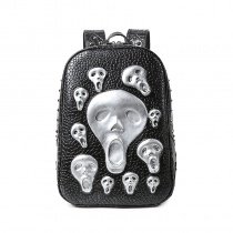 Unusual Black Leather Metallic Silver Skull Embossed Crocodile Men Travel Backpack Punk Rock and Roll Style Rivet Studded School Book Bag