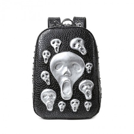Unusual Black Leather Metallic Silver Skull Embossed Crocodile Men Travel Backpack Punk Rock and Roll Style Rivet Studded School Book Bag