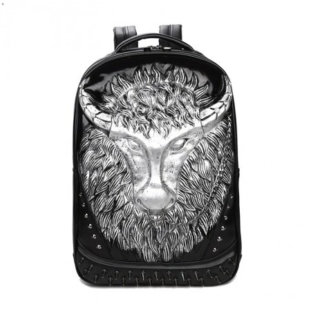 Black Leather Embossed Metallic Silver Buffalo Cool Boys School Book Bag Punk Rock and Roll Style Spike Rivet Studded Travel Backpack