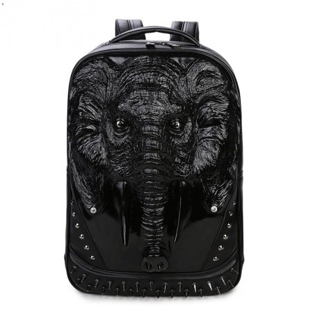 Vintage Black Patent Embossed Elephant Cool Boys School Book Bag Punk Rock and Roll Style Spikes Rivet Studded Large Travel Backpack